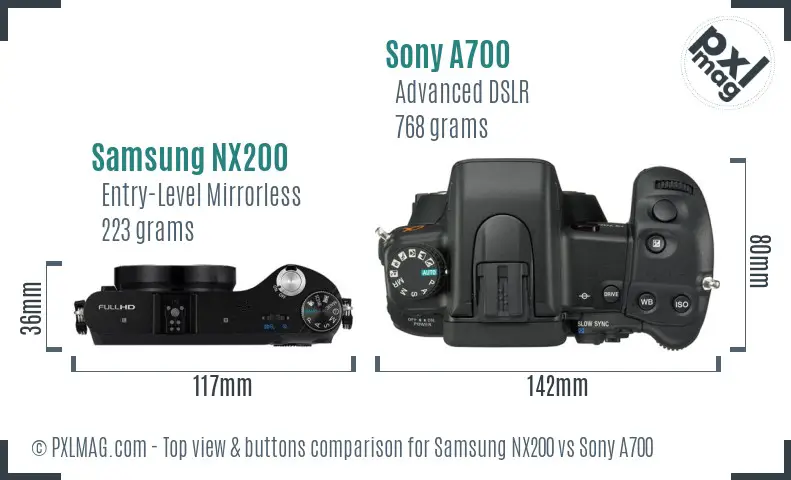 Samsung NX200 vs Sony A700 top view buttons comparison