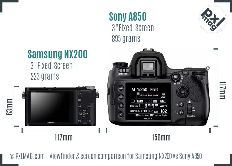 Samsung NX200 vs Sony A850 Screen and Viewfinder comparison