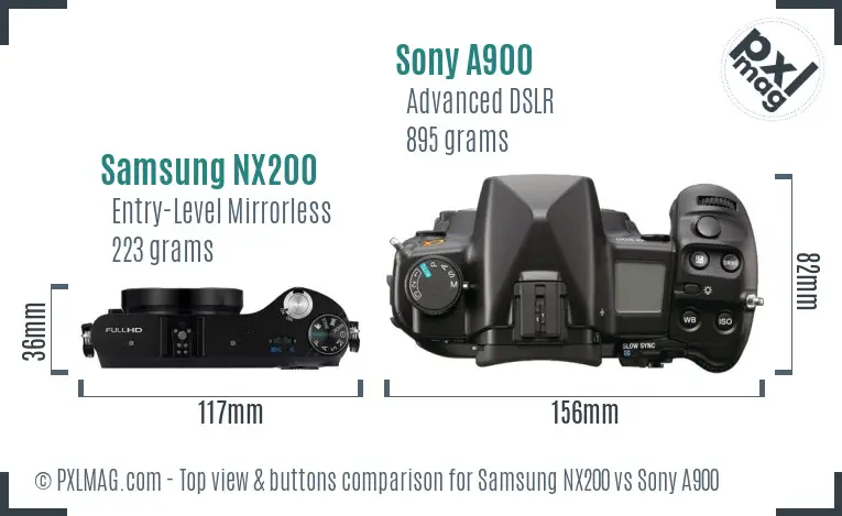 Samsung NX200 vs Sony A900 top view buttons comparison