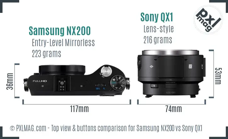 Samsung NX200 vs Sony QX1 top view buttons comparison Samsung NX200 vs Sony QX1 top view buttons comparison