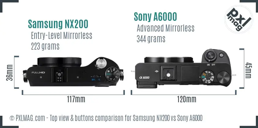 Samsung NX200 vs Sony A6000 top view buttons comparison