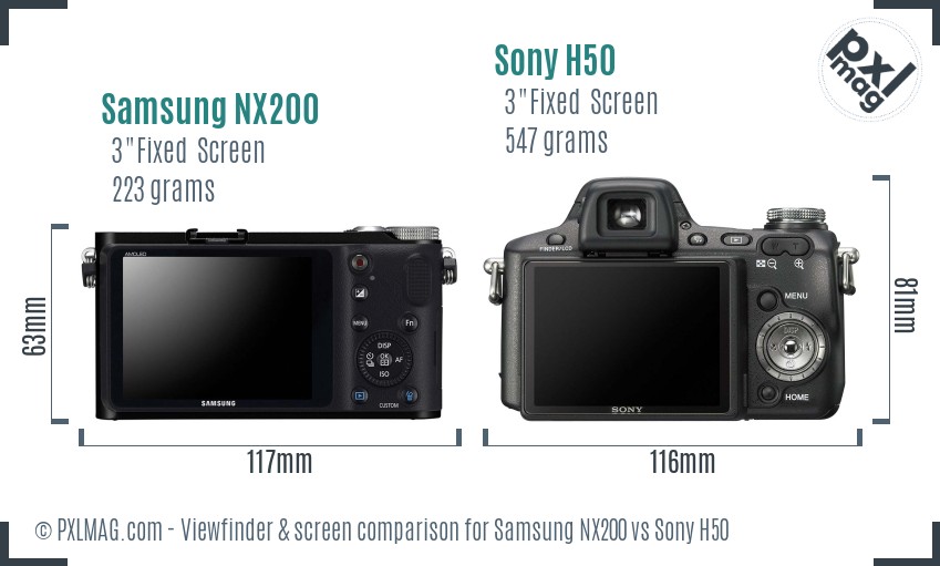 Samsung NX200 vs Sony H50 Screen and Viewfinder comparison