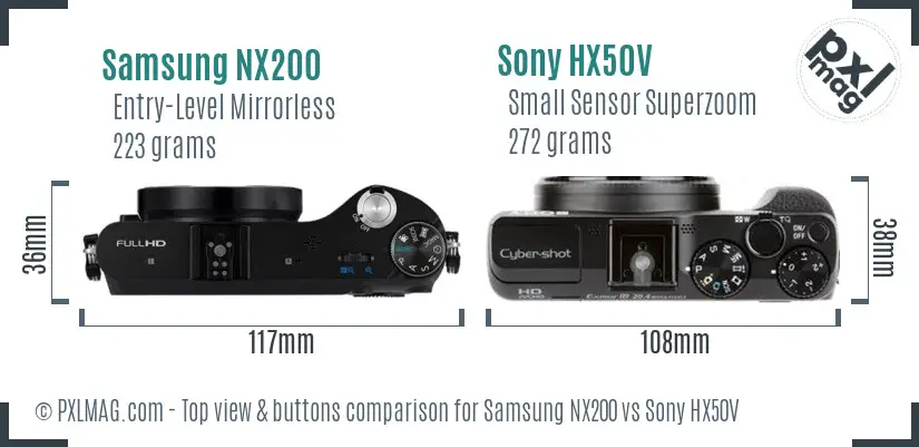 Samsung NX200 vs Sony HX50V top view buttons comparison Samsung NX200 vs Sony HX50V top view buttons comparison