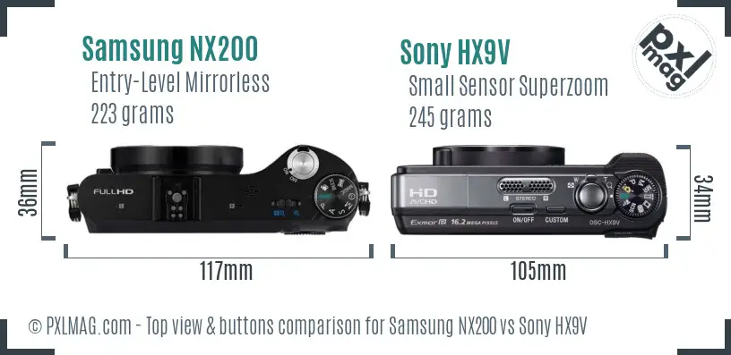 Samsung NX200 vs Sony HX9V top view buttons comparison Samsung NX200 vs Sony HX9V top view buttons comparison