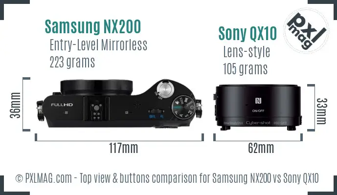 Samsung NX200 vs Sony QX10 top view buttons comparison