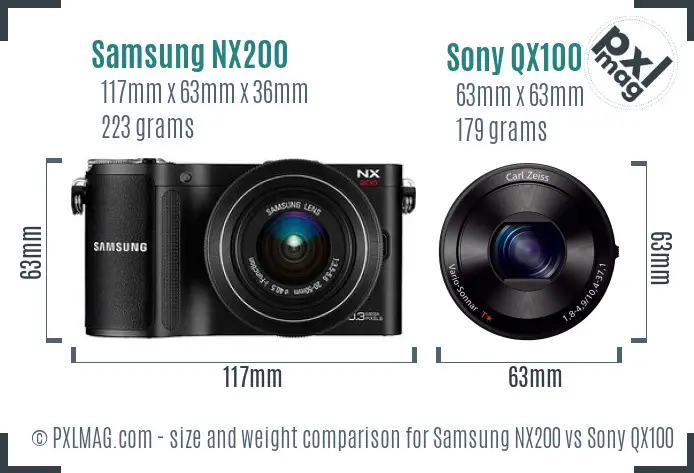 Samsung NX200 vs Sony QX100 size comparison