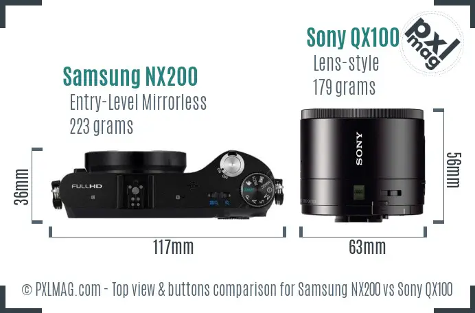 Samsung NX200 vs Sony QX100 top view buttons comparison