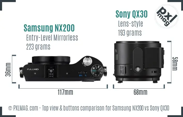 Samsung NX200 vs Sony QX30 top view buttons comparison
