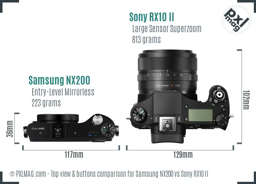 Samsung NX200 vs Sony RX10 II top view buttons comparison