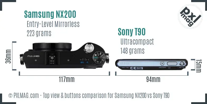 Samsung NX200 vs Sony T90 top view buttons comparison