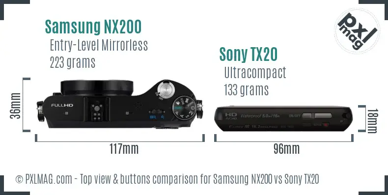 Samsung NX200 vs Sony TX20 top view buttons comparison
