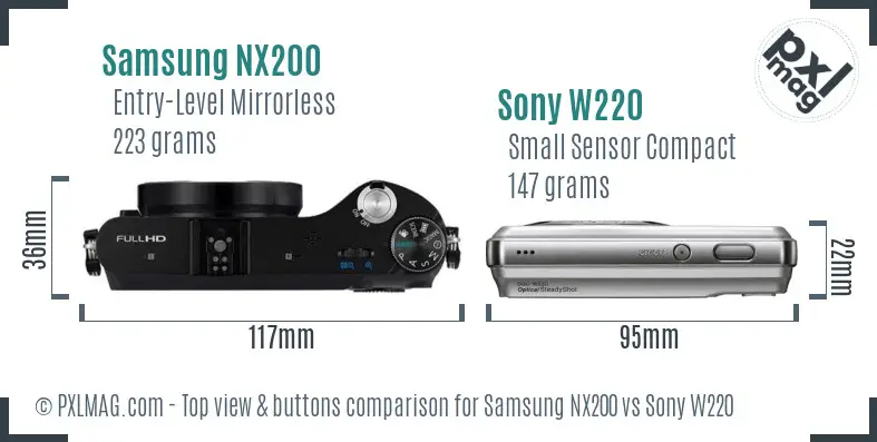Samsung NX200 vs Sony W220 top view buttons comparison