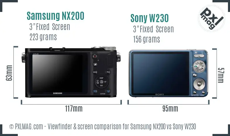 Samsung NX200 vs Sony W230 Screen and Viewfinder comparison