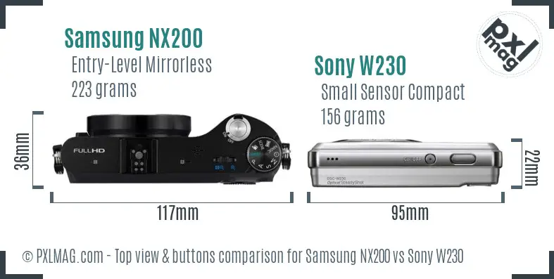 Samsung NX200 vs Sony W230 top view buttons comparison