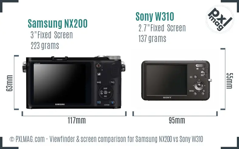 Samsung NX200 vs Sony W310 Screen and Viewfinder comparison
