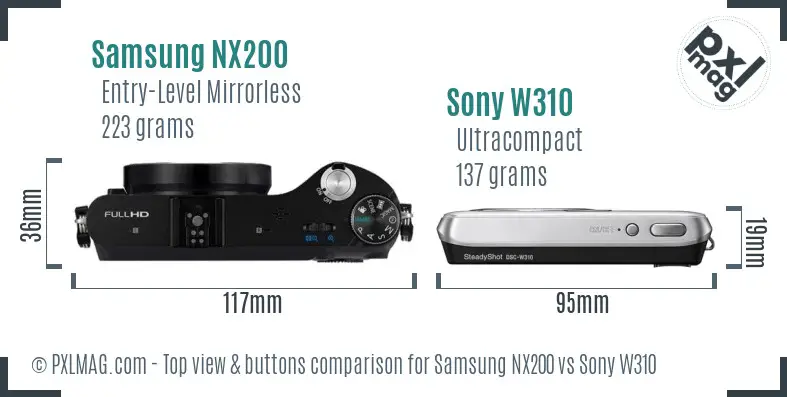 Samsung NX200 vs Sony W310 top view buttons comparison