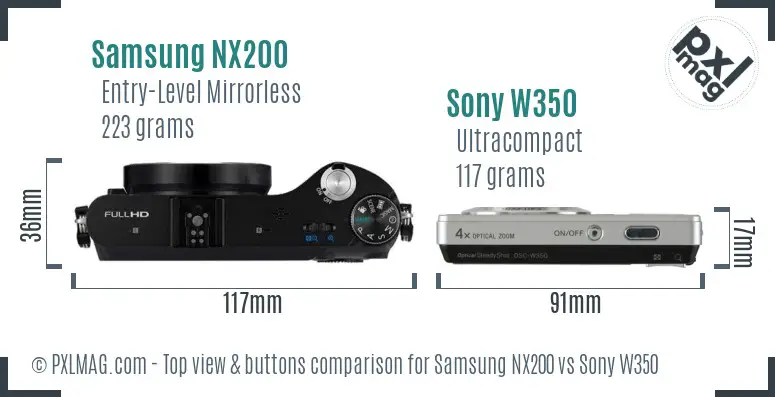 Samsung NX200 vs Sony W350 top view buttons comparison