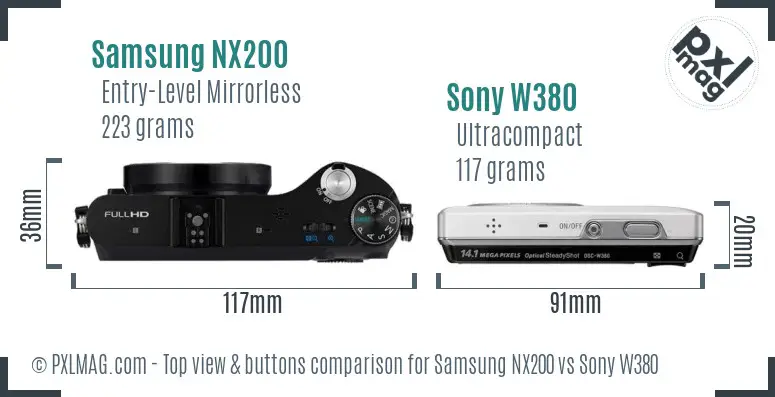 Samsung NX200 vs Sony W380 top view buttons comparison