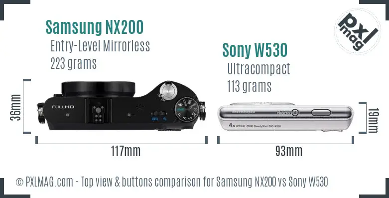 Samsung NX200 vs Sony W530 top view buttons comparison