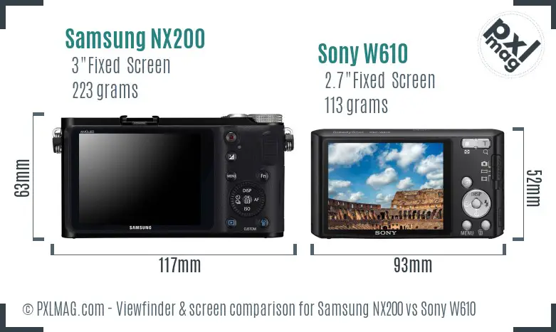 Samsung NX200 vs Sony W610 Screen and Viewfinder comparison