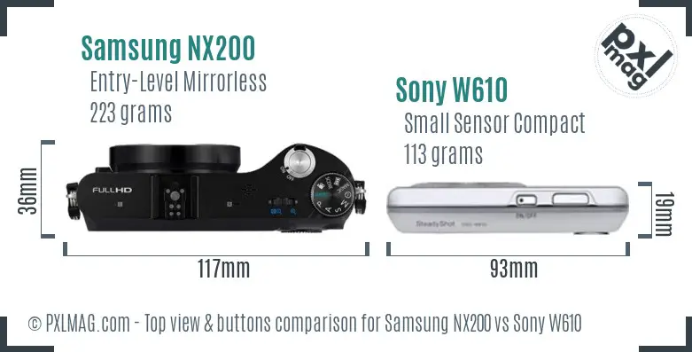 Samsung NX200 vs Sony W610 top view buttons comparison