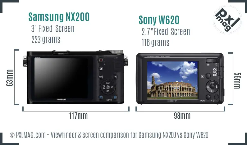 Samsung NX200 vs Sony W620 Screen and Viewfinder comparison