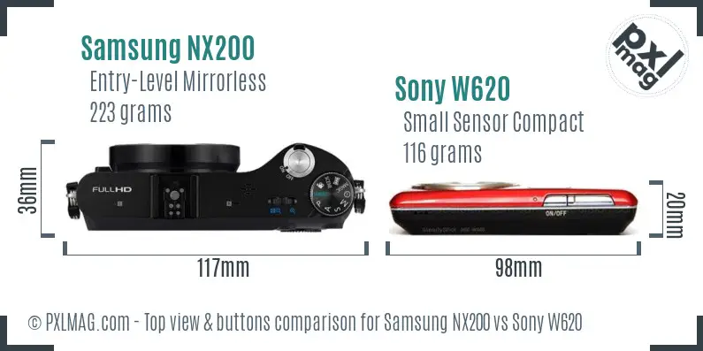 Samsung NX200 vs Sony W620 top view buttons comparison