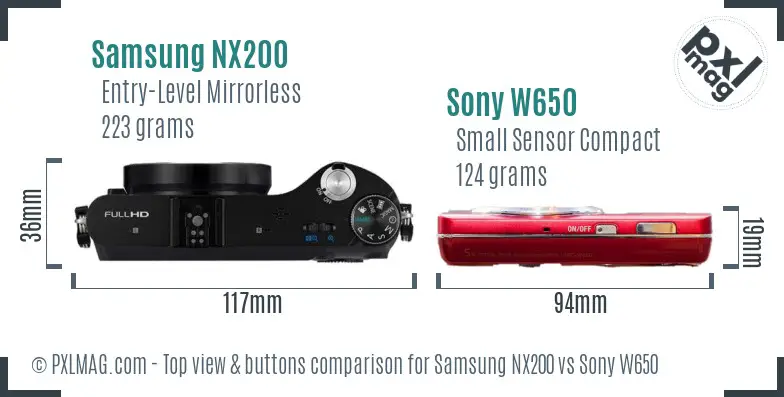 Samsung NX200 vs Sony W650 top view buttons comparison