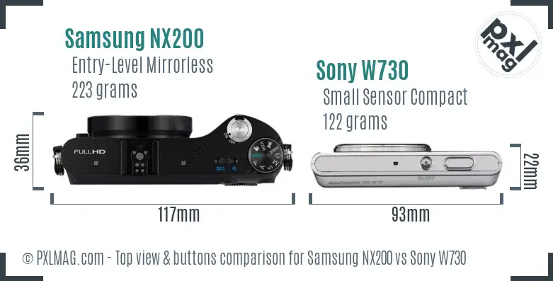 Samsung NX200 vs Sony W730 top view buttons comparison