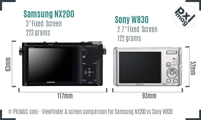 Samsung NX200 vs Sony W830 Screen and Viewfinder comparison