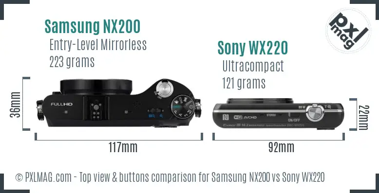 Samsung NX200 vs Sony WX220 top view buttons comparison