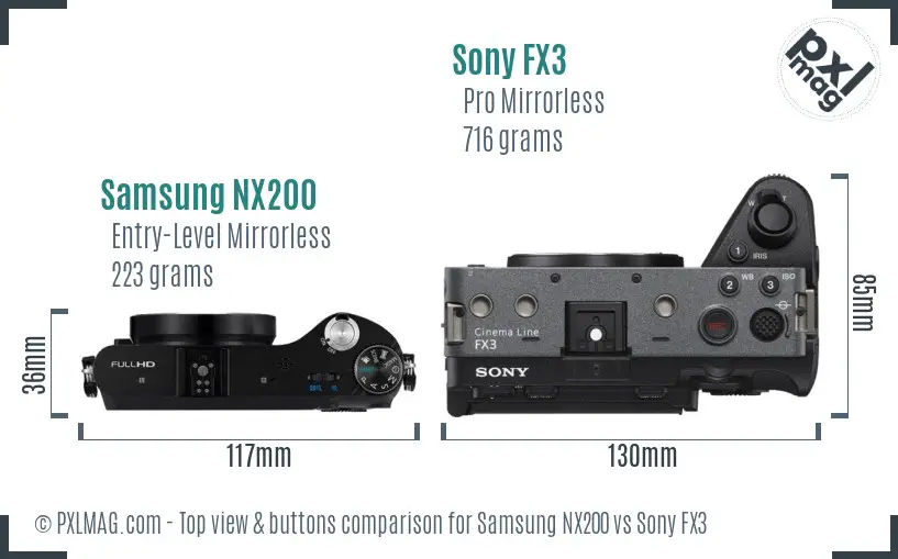 Samsung NX200 vs Sony FX3 top view buttons comparison Samsung NX200 vs Sony FX3 top view buttons comparison