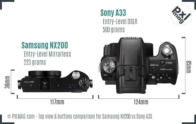 Samsung NX200 vs Sony A33 top view buttons comparison