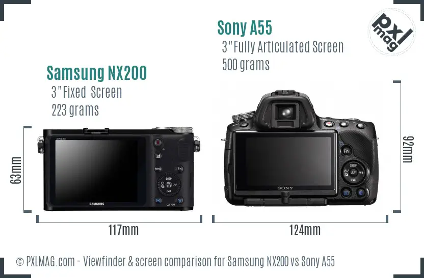 Samsung NX200 vs Sony A55 Screen and Viewfinder comparison