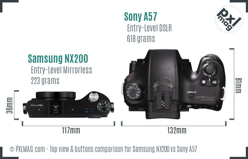 Samsung NX200 vs Sony A57 top view buttons comparison