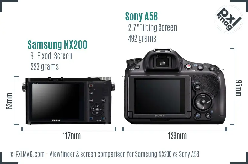 Samsung NX200 vs Sony A58 Screen and Viewfinder comparison