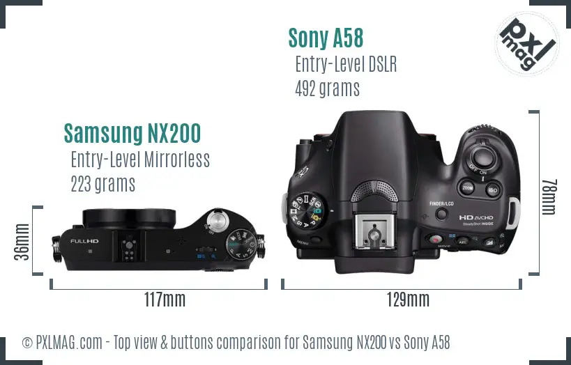 Samsung NX200 vs Sony A58 top view buttons comparison