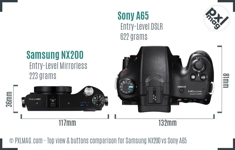 Samsung NX200 vs Sony A65 top view buttons comparison