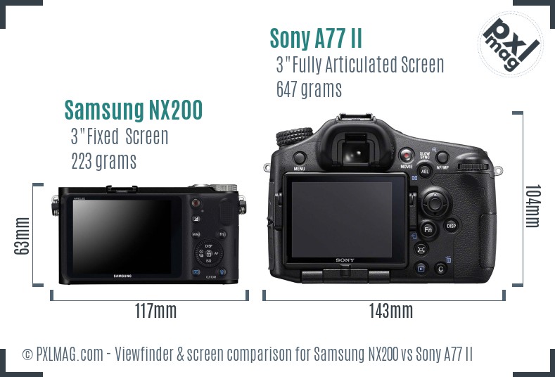 Samsung NX200 vs Sony A77 II Screen and Viewfinder comparison