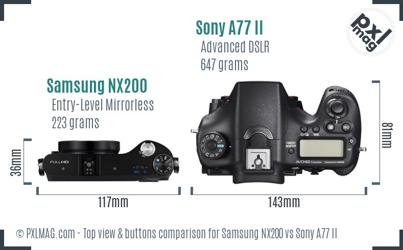 Samsung NX200 vs Sony A77 II top view buttons comparison