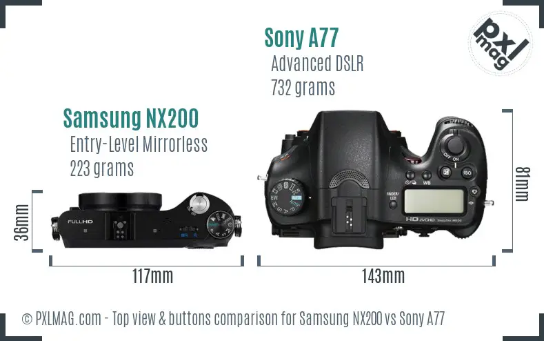 Samsung NX200 vs Sony A77 top view buttons comparison