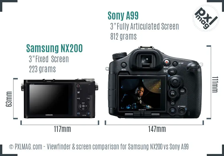 Samsung NX200 vs Sony A99 Screen and Viewfinder comparison