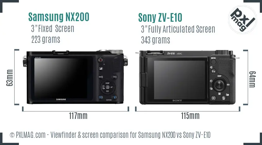Samsung NX200 vs Sony ZV-E10 Screen and Viewfinder comparison