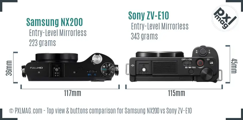 Samsung NX200 vs Sony ZV-E10 top view buttons comparison
