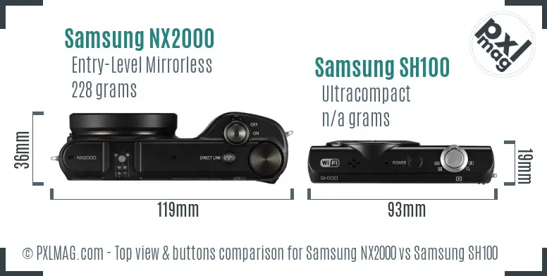Samsung NX2000 vs Samsung SH100 top view buttons comparison Samsung NX2000 vs Samsung SH100 top view buttons comparison