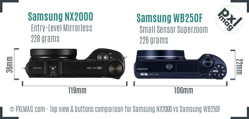 Samsung NX2000 vs Samsung WB250F top view buttons comparison