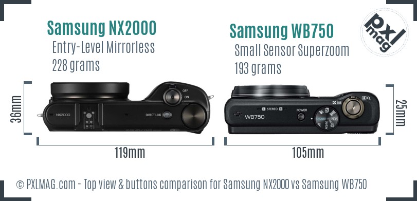 Samsung NX2000 vs Samsung WB750 top view buttons comparison