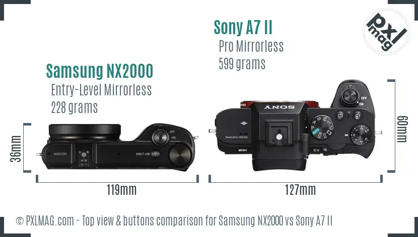 Samsung NX2000 vs Sony A7 II top view buttons comparison