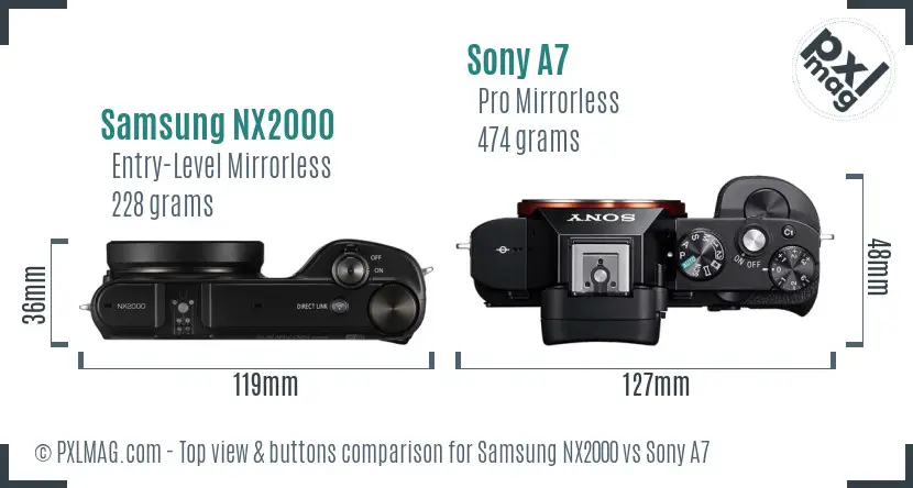 Samsung NX2000 vs Sony A7 top view buttons comparison