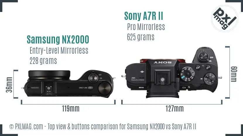 Samsung NX2000 vs Sony A7R II top view buttons comparison